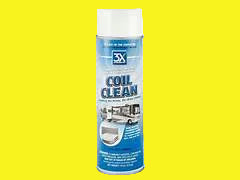 A can of Coil Clean RV condenser coil cleaner with a blue and white label