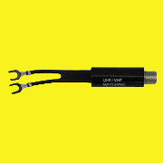 A black coaxial cable connector with two metal pins on one end for connecting to electronic devices.