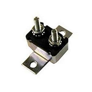 A black and silver in-line circuit breaker with two metal terminals and a reset button on the side.