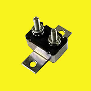 A black and silver in-line circuit breaker with two metal terminals.