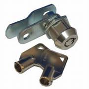 A set of chrome plated cam lock combo parts for baggage door compartments, including two keys.