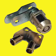 A metal cam lock combo, chrome plated, with a round face and two keys.