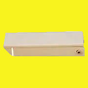 A square-style white compartment door catch for RV baggage compartments.