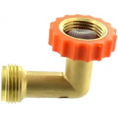 A brass 90 degree hose saver connector with an orange cap.