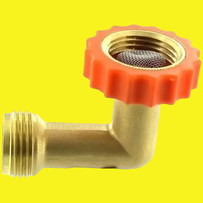 A brass 90 degree hose saver connector with an orange cap.