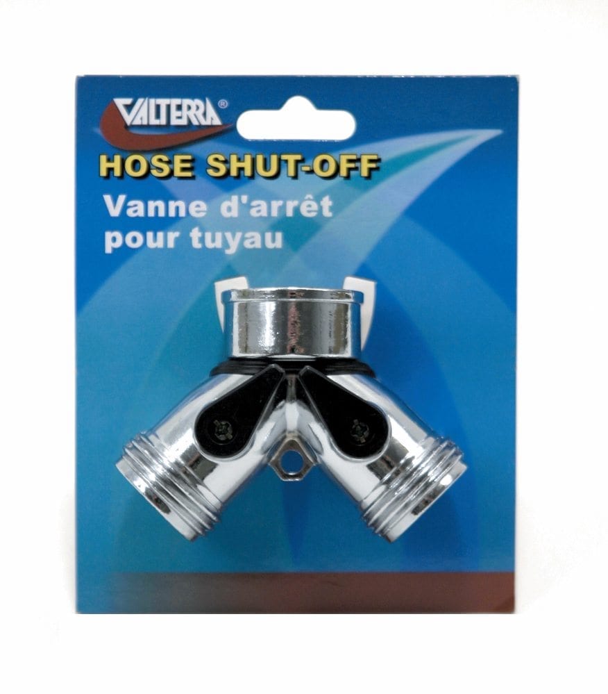 Packaged Valterra Hose Shut-Off with a metal double hose connector and shut-off valve designed for garden hoses.
