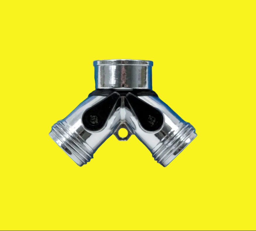 Valterra Hose Shut-Off with a metal double hose connector and shut-off valve designed for garden hoses.