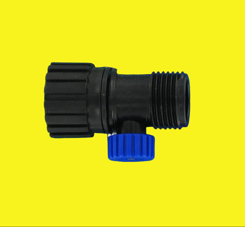 A black hi-flow water shut off with a blue knob.
