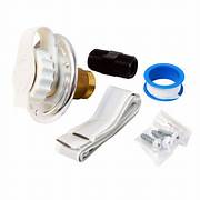 A Valterra water inlet for RV fresh water systems with aluminum finish, including various installation components like tape, hardware, and a male nipple.