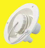 A white plastic circular plastic cap or cover with a threaded connection on one side and a small metal hook or clip on the front, shown against a plain yellow background.