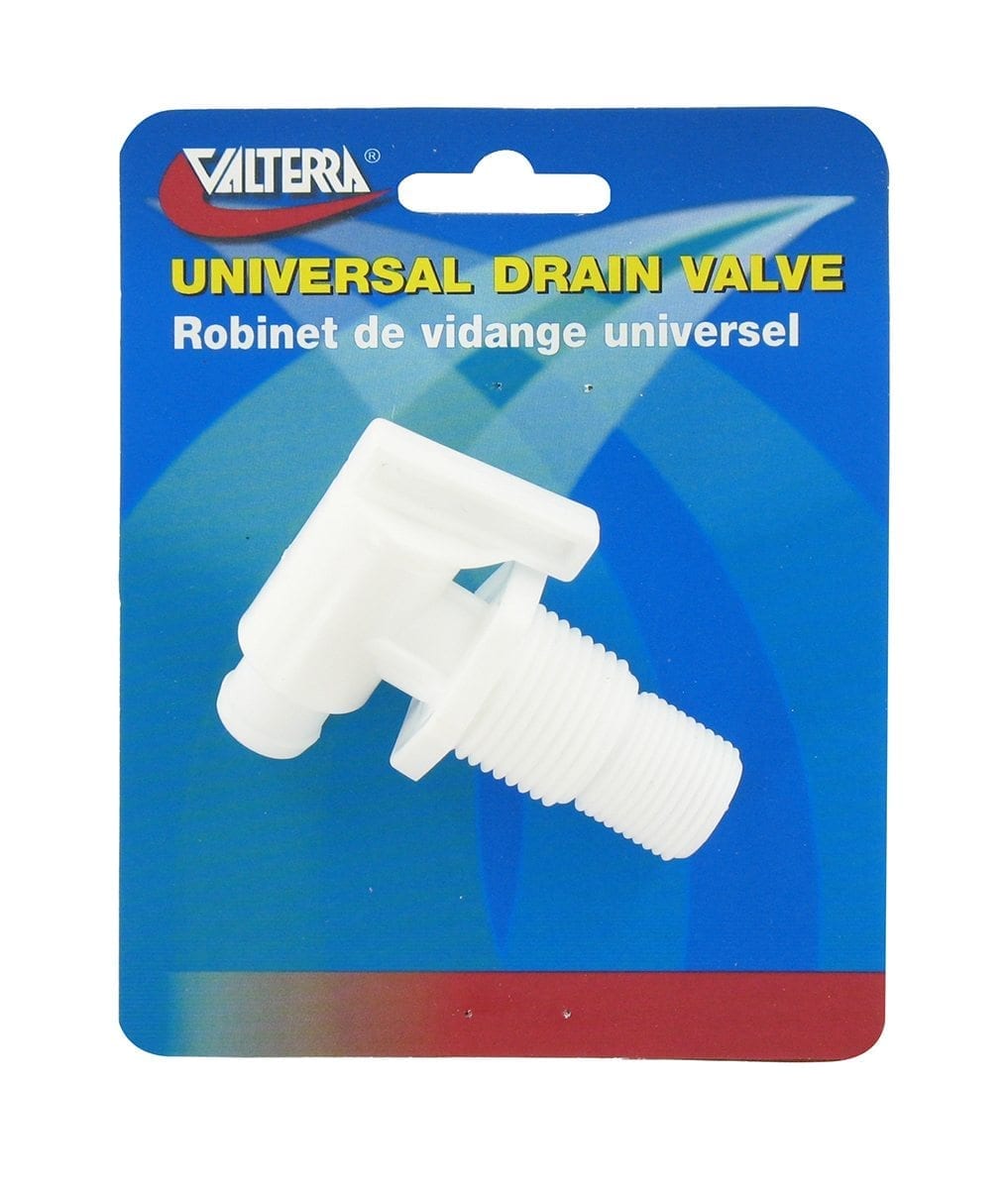 A white plastic drain valve with a blue and red card packaging labeled 'Valterra Universal Drain Valve' with text in a different language.