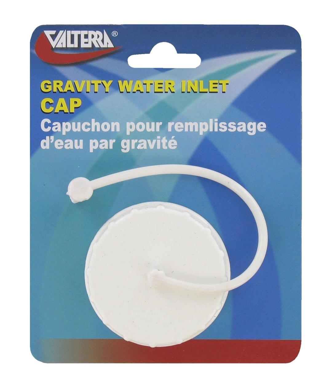 A white plastic Gravity Water Inlet Cap with a lanyard, packaged on a blue and white card with the Valterra brand visible.