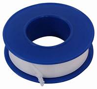 A roll of white PTFE tape in a blue case