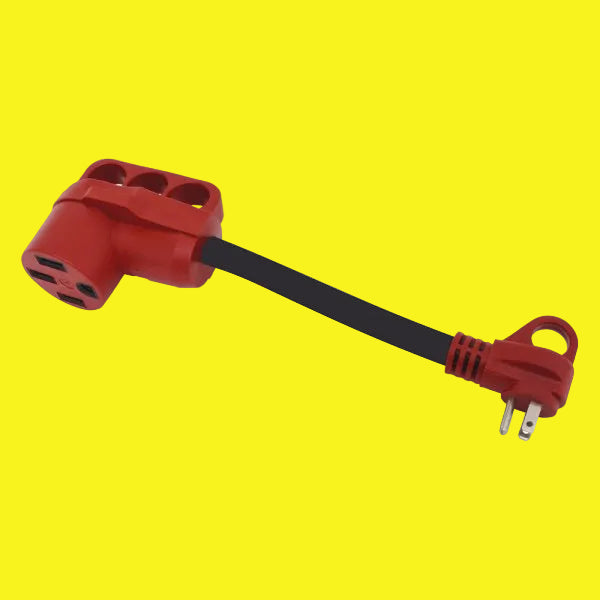 Red electrical cord adapter with black cord and red ends on a yellow background