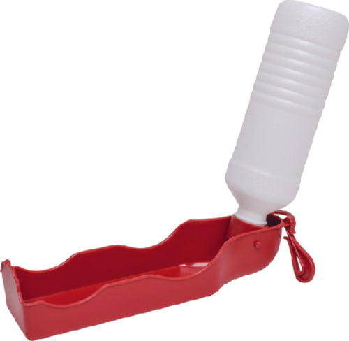 White and red doggy drinker. Includes a 16 ounce water bottle and drinking bowl and carabiner clip.