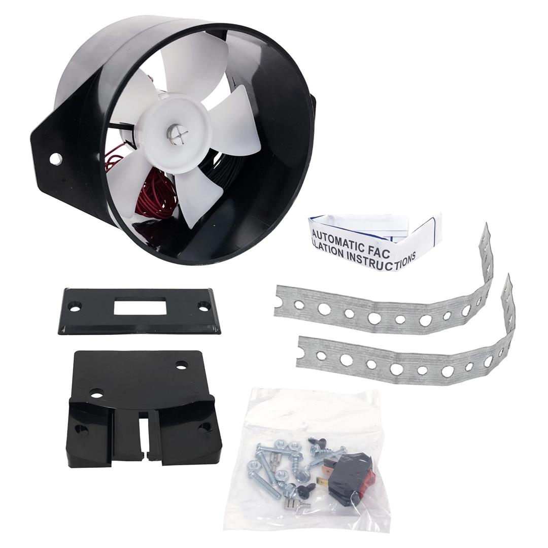 Refrigerator cooling fan assembly, including a black plastic fan cover, mounting bracket, and fan blades.