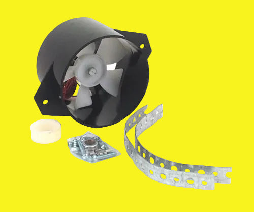 Black inline fan kit with a black plastic housing, white fan blades, mounting bracket, silver metal conduit, a beige plastic cap, and a small hardware package on a yellow background.