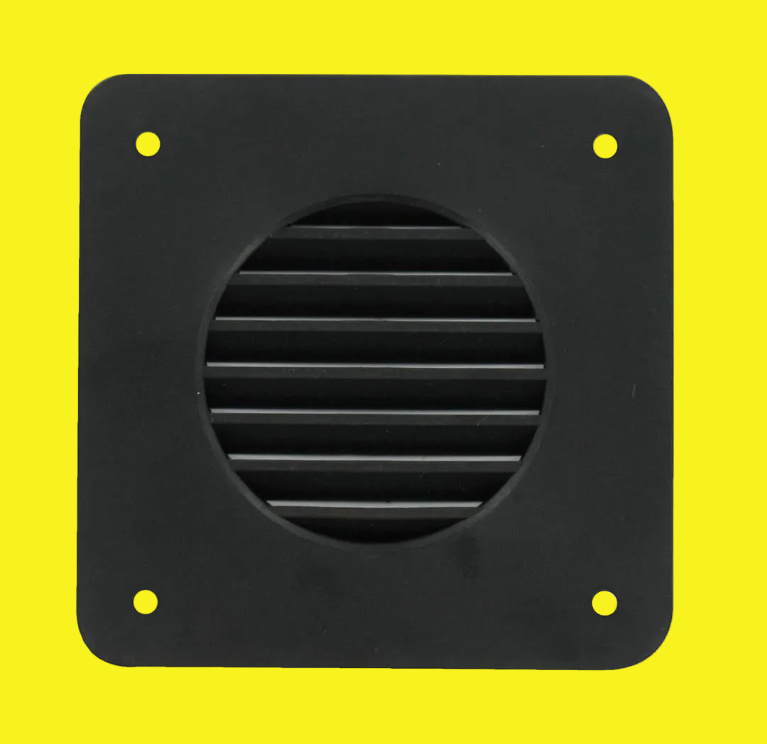 Black louvered battery box vent with four mounting holes