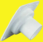 A white plastic battery box vent with a round shape and a hose attachment point.