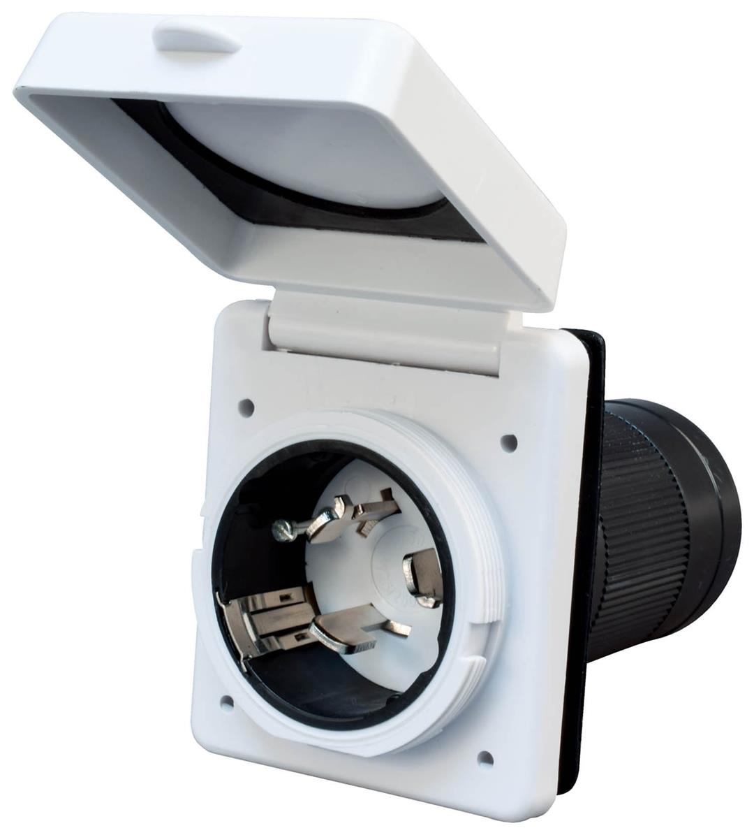 A white 50 Amp RV inlet with a watertight cover and a black internal mechanism visible.