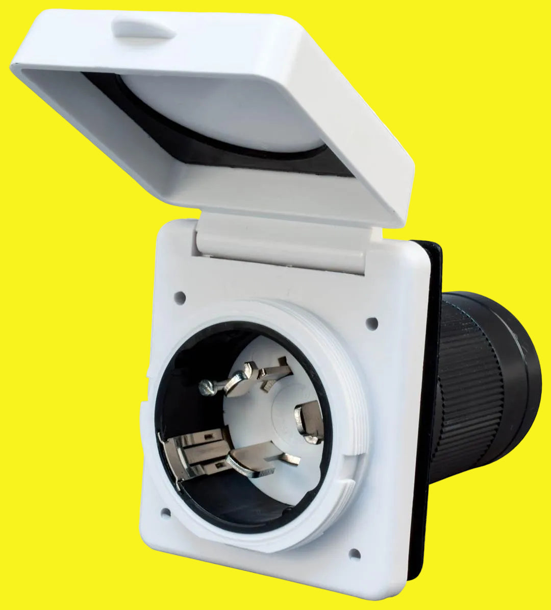A white 50 Amp RV inlet with a watertight cover and a black internal mechanism visible.