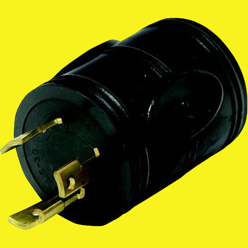 Black 30 amp generator adapter with gold contacts on a yellow background