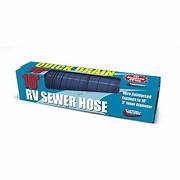 A blue 10' sewer hose in a blue box with white text.