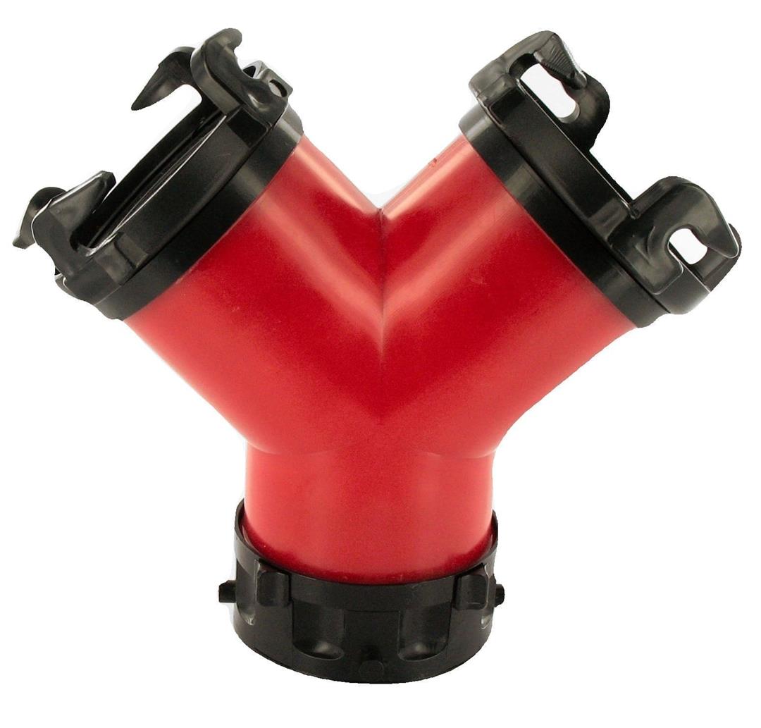 A red 3-inch diameter sewer hose connector with black rotating wye with bayonet connectors.