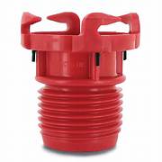 A red plastic Valterra sewer valve adapter designed to attach hose to valve.