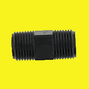 A black plastic fresh water connector with a male threads on each end.