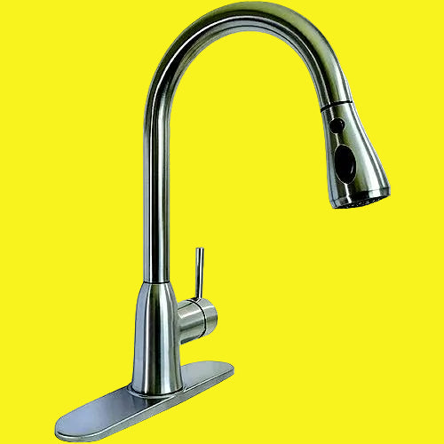 Brushed nickel kitchen faucet on a white background