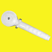 Hand held white plastic showerhead with a single function spray setting.