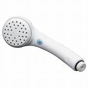 Hand-held white plastic showerhead with multiple nozzles and a blue power button.
