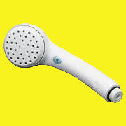 Hand-held white plastic showerhead with multiple nozzles and a blue power button.