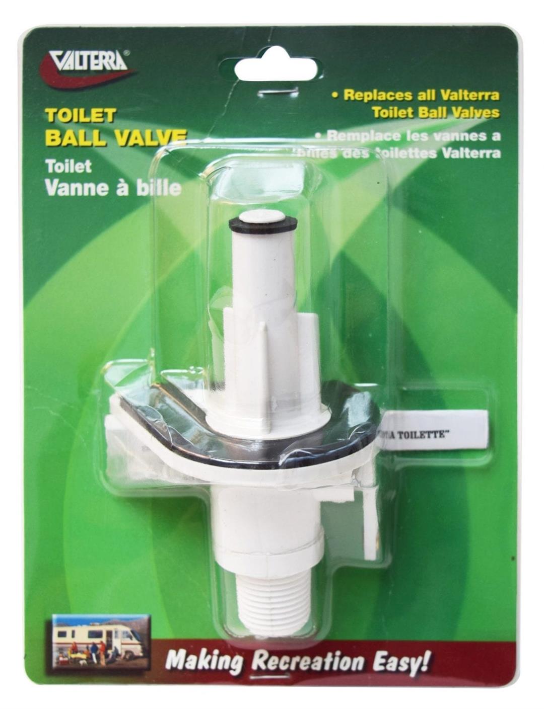A white toilet ball valve in green packaging.