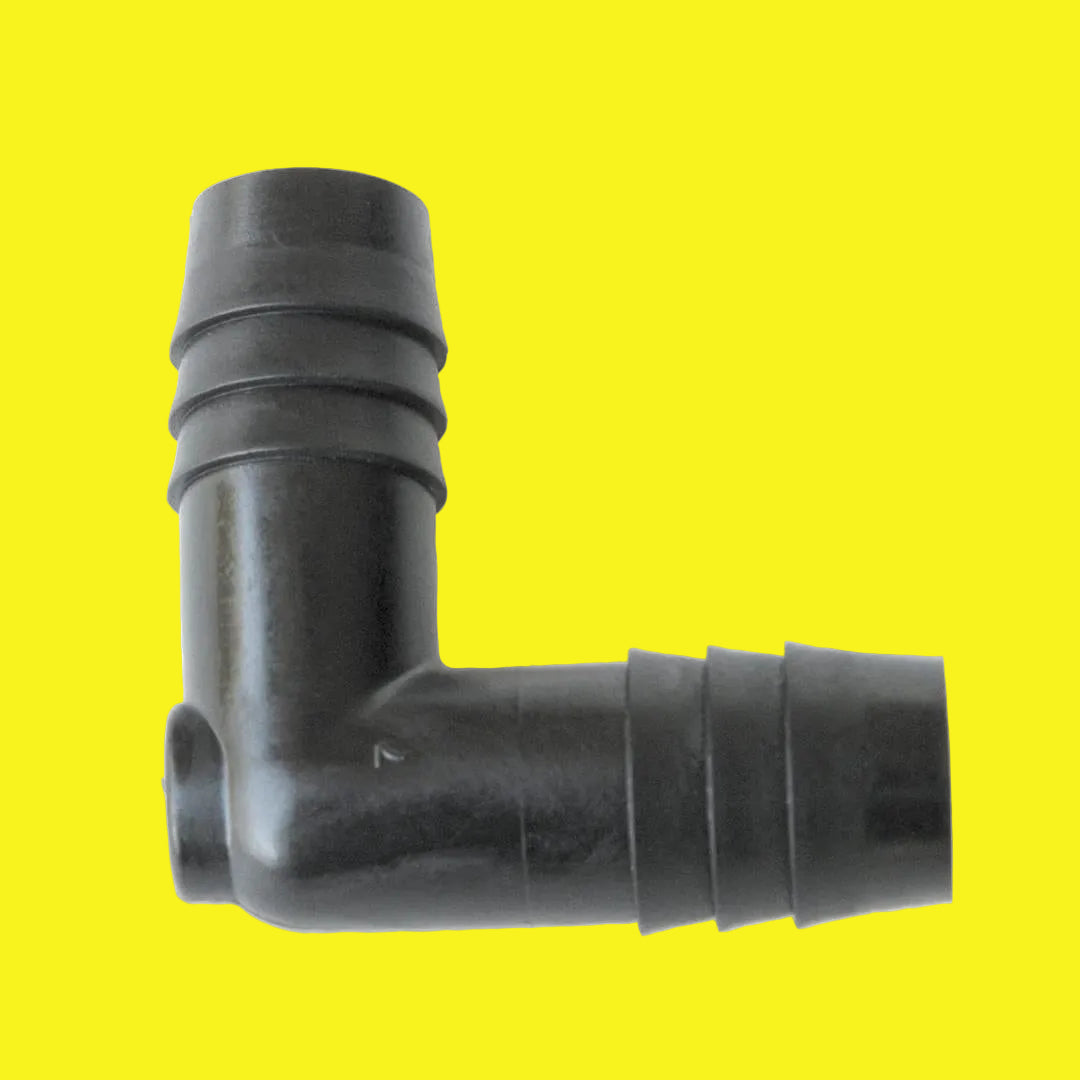 A black plastic elbow pipe coupler with barbs on both ends.