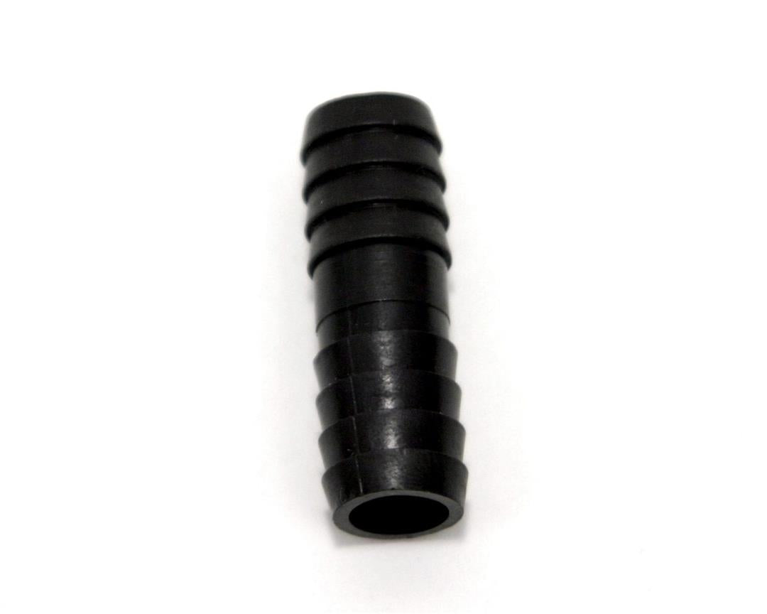 A black plastic 1/2 inch barbed water coupler for plumbing systems.