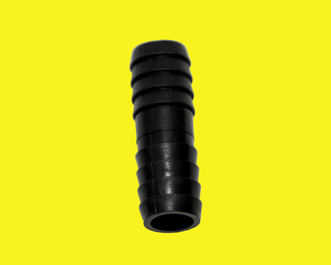 A black plastic 1/2 inch barbed water coupler for plumbing systems.