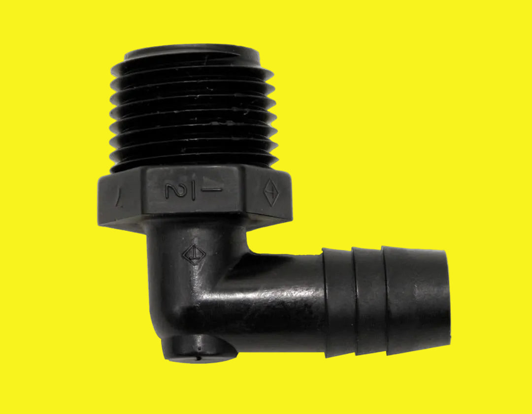 A black plastic 90 degree elbow male adapter with a 1/2 inch male NPT x 1/2 inch barb for fresh water systems.