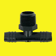 A black tee pipe coupler with male threads on one end and barbs on the other two.