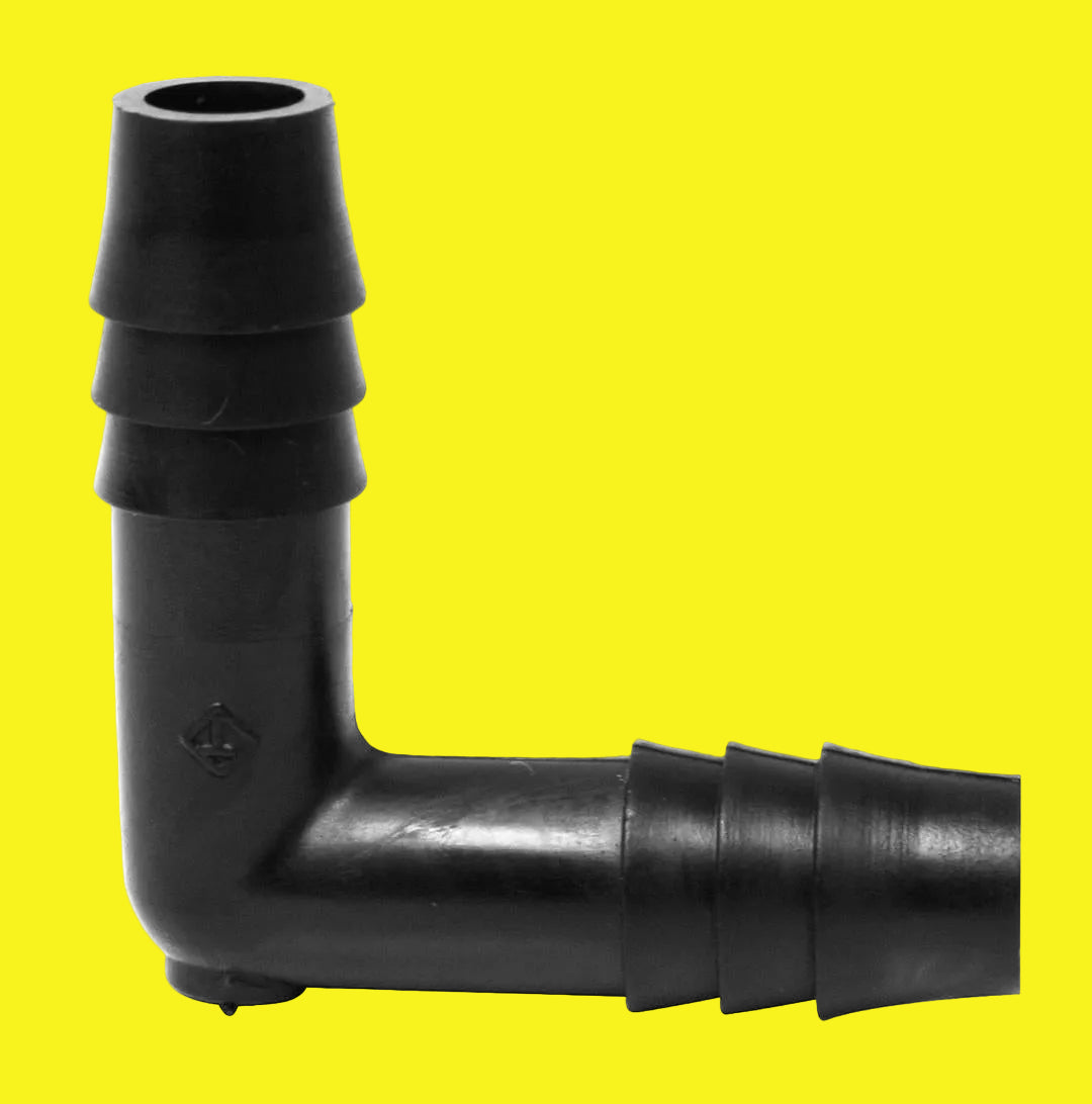 A black 90-degree elbow fresh water fitting with 3/8 inch barbs on both ends