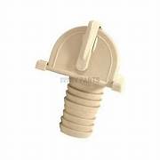 An ivory-colored plastic fresh water inlet for RV systems with a barbed inlet design and without a check valve.
