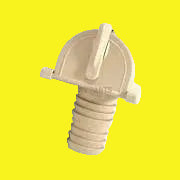An ivory-colored plastic fresh water inlet for RV systems with a barbed inlet design and without a check valve.