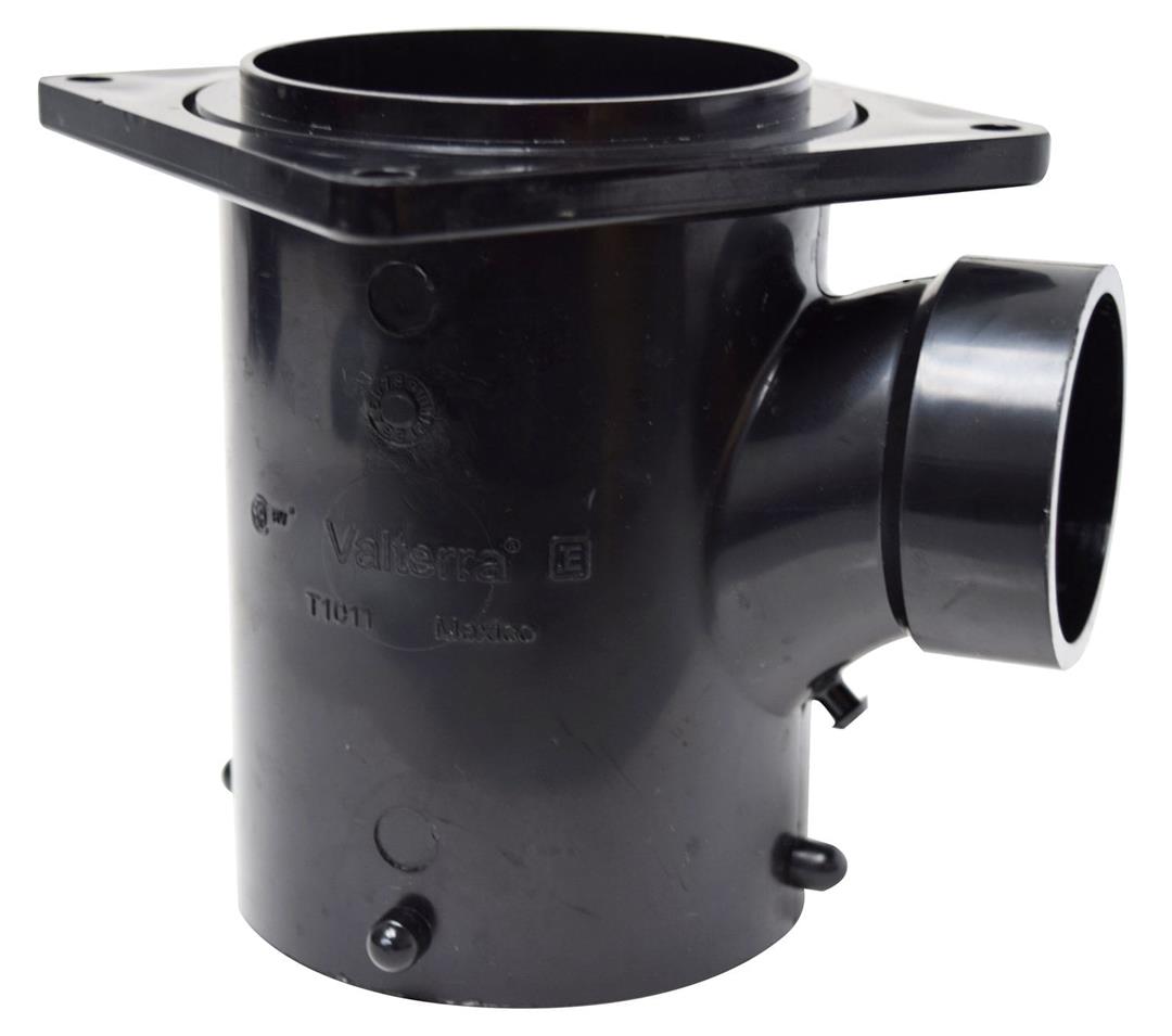 A black Valterra sewer waste valve fitting with a tee design, featuring flanged connections and a rotating flange.