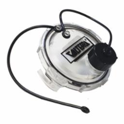 A clear plastic waste valve cap with a black twist-on bayonet hook and a rubber tether attached.