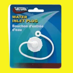 A white plastic water inlet plug with a male thread and an attached strap, packaged on a blue card with the brand 'Valterra' visible at the top.