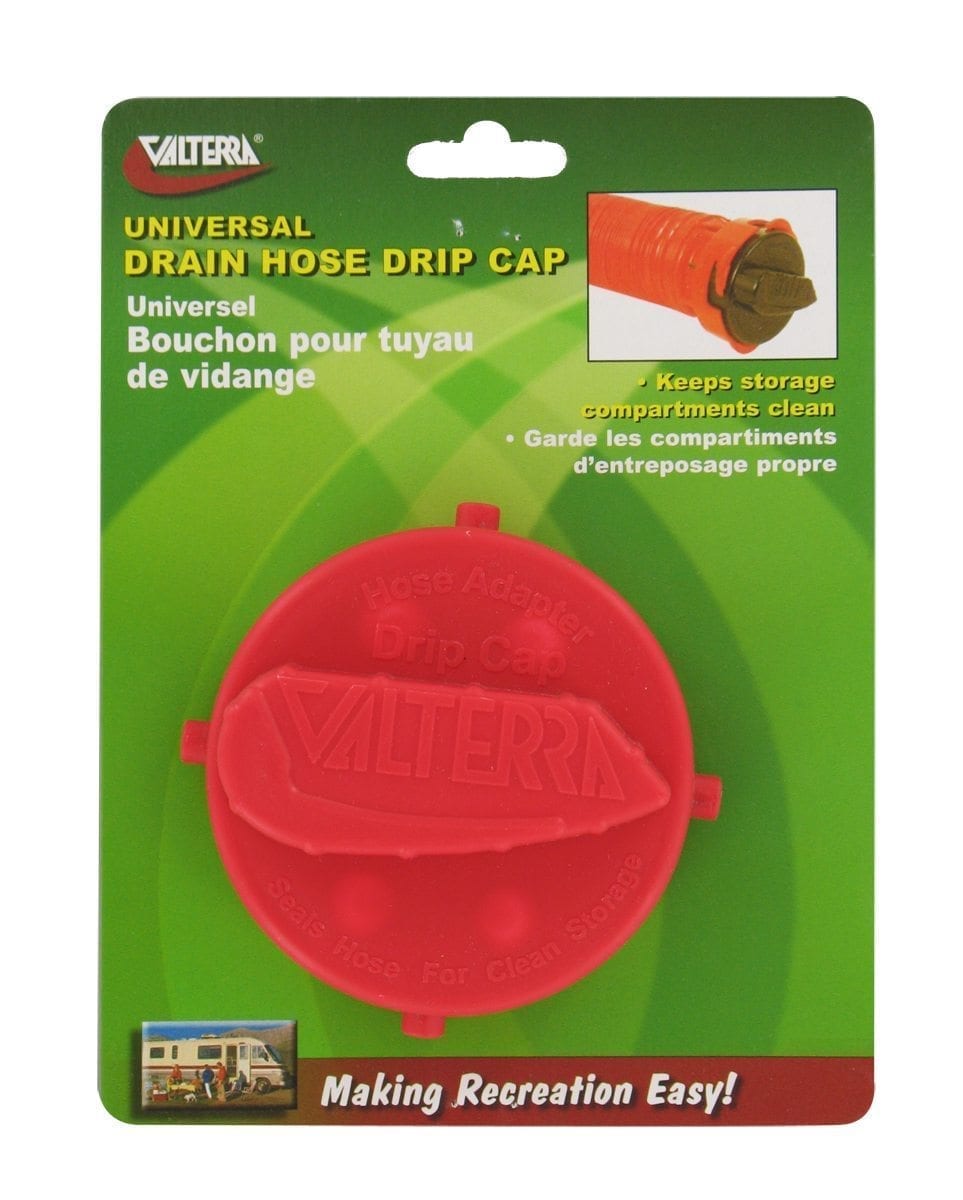 Packaging of Valterra Universal Drain Hose Drip Cap, predominantly red in color with product details and branding.