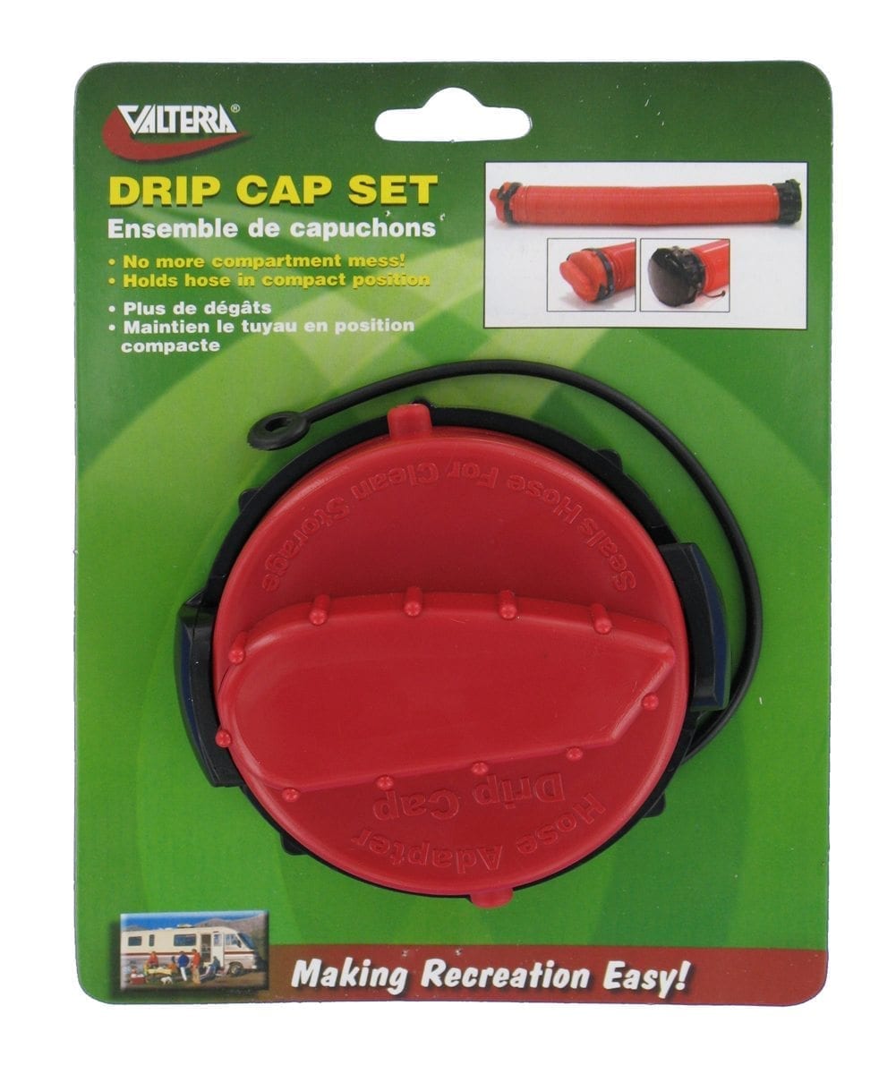 Packaging for Valterra Drip Cap Set, featuring a red and black drip cap with a strap, designed for bayonet sewer hose connectors, without garden hose connector.