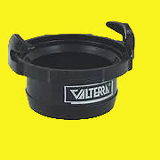 A black Valterra branded waste valve straight hose adapter for RVs.