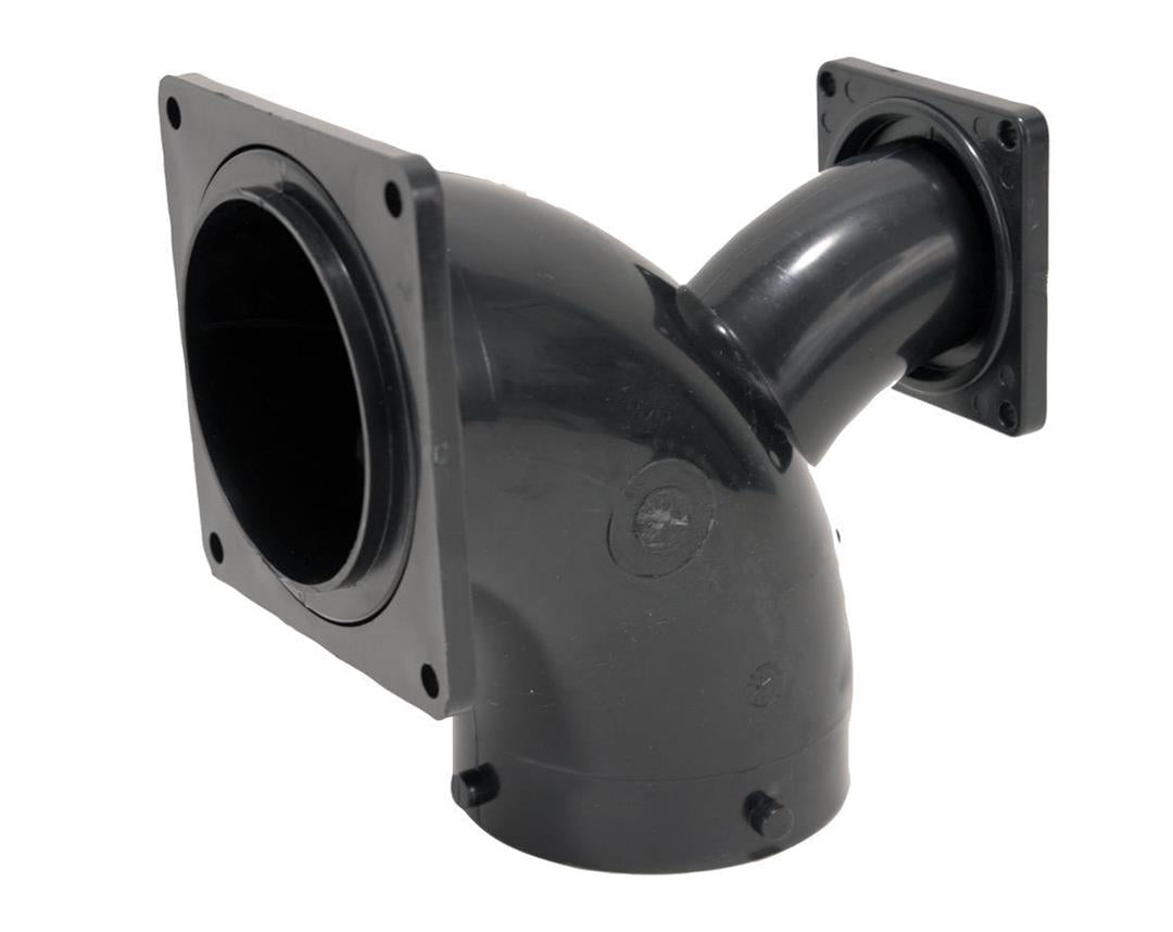 Black plastic sewer waste valve elbow fitting with flange connections.